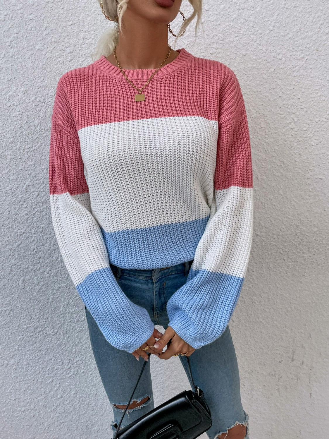 Color Block Round Neck Sweater