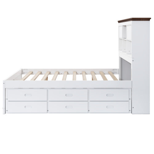 Solid Pine Captain Bookcase Bed With Trundle Bed And 3 Spacious Under Bed Drawers In Casual,Twin, White Walnut