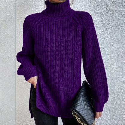 Turtleneck Pullover Sweater With Split Design Fashion Simple Solid Color Long Sleeve Tops Women's Clothing