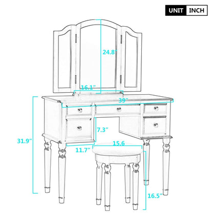 Vanity Table Set with Mirror and Stool, 5 Drawers Makeup Dressing Table with Cushioned Stool