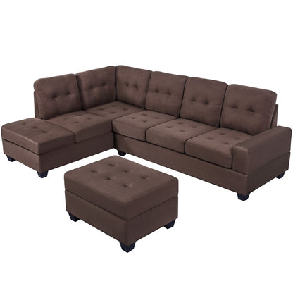 3 PCS Sectional Sofa Microfiber with Reversible Chaise Lounge Storage Ottoman and Cup Holders