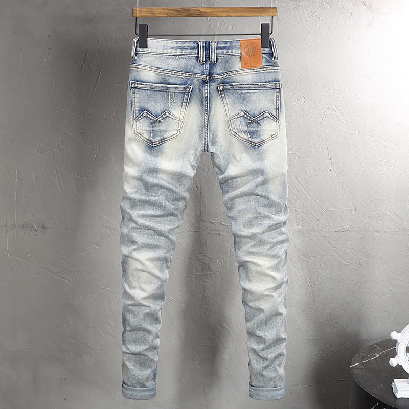 Washed Distressed Pocket Embroidery Personality Worn Slim Trousers