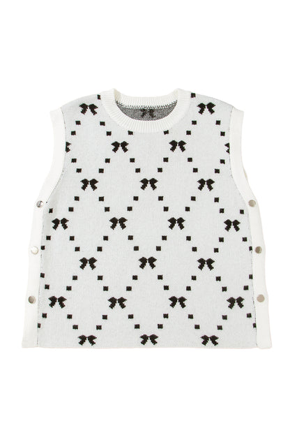 White Bow Pattern Buttoned Side Knit Top