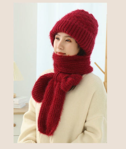 Women's Fleece-lined Scarf And Hat Winter Warm Knitted Hat Scarf