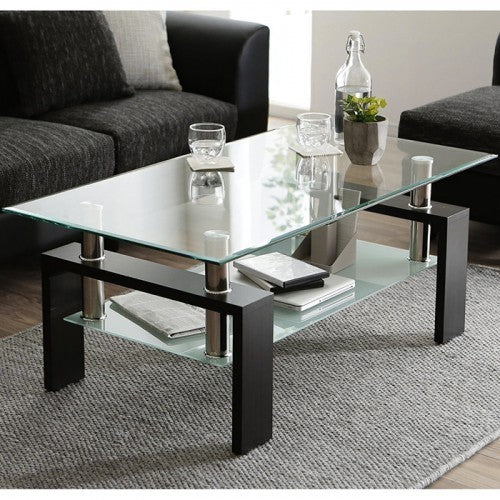 Tempered Glass Coffee Table, Black Modern Rectangle Tea Table with Lower Shelf and Wooden Legs