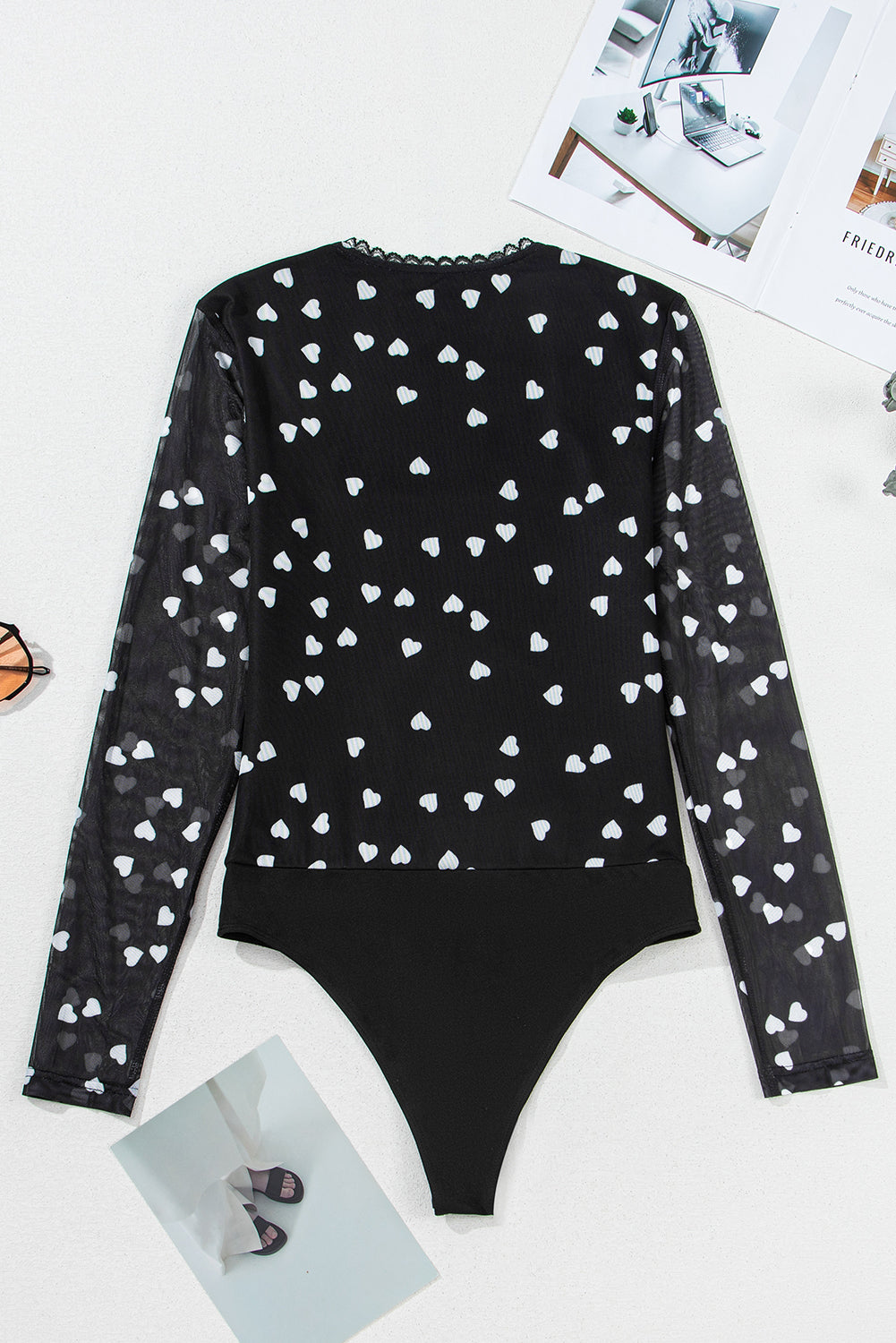 Black Heart Print Mesh Square Neck Slim Fit Bodysuit