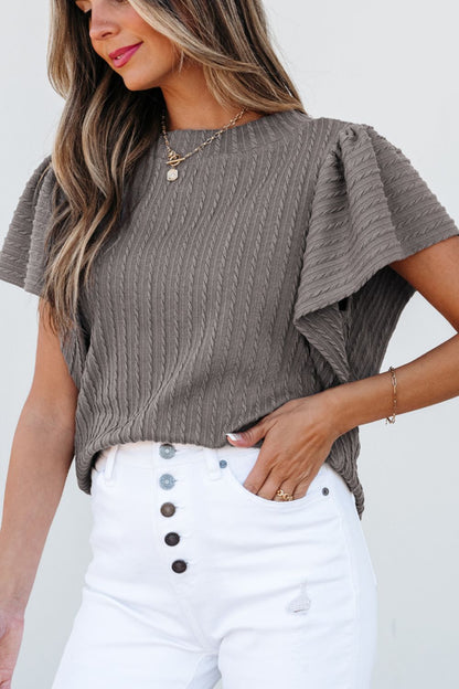 Textured Round Neck Flounce Sleeve Blouse