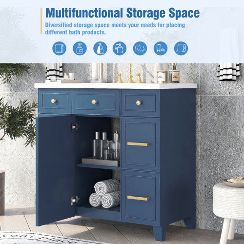 36  Bathroom Vanity Cabinet With Sink Top Combo Set, Navy Blue, Single Sink, Shaker Cabinet With Soft Closing Door And Drawer