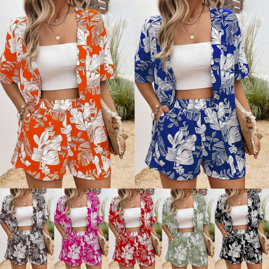 Printed 5-point Sleeve Cardigan Shirt And Shorts Two-piece Set