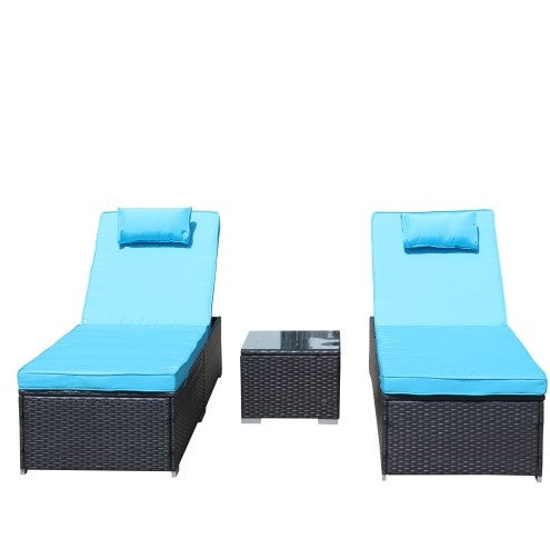 3-Piece Outdoor Patio Furniture Set Chaise Lounge, Patio Reclining Rattan Lounge Chair Chaise Couch Cushioned With Glass Coffee Table, Adjustable Back And Feet, Lounger Chair For Pool Garden, Blue