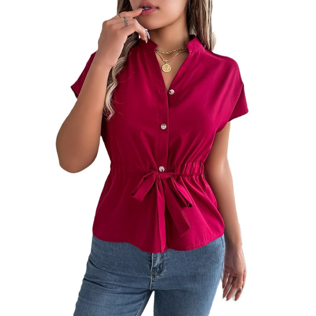 Button Drawstring Short Sleeve Shirt Top Women's Clothing