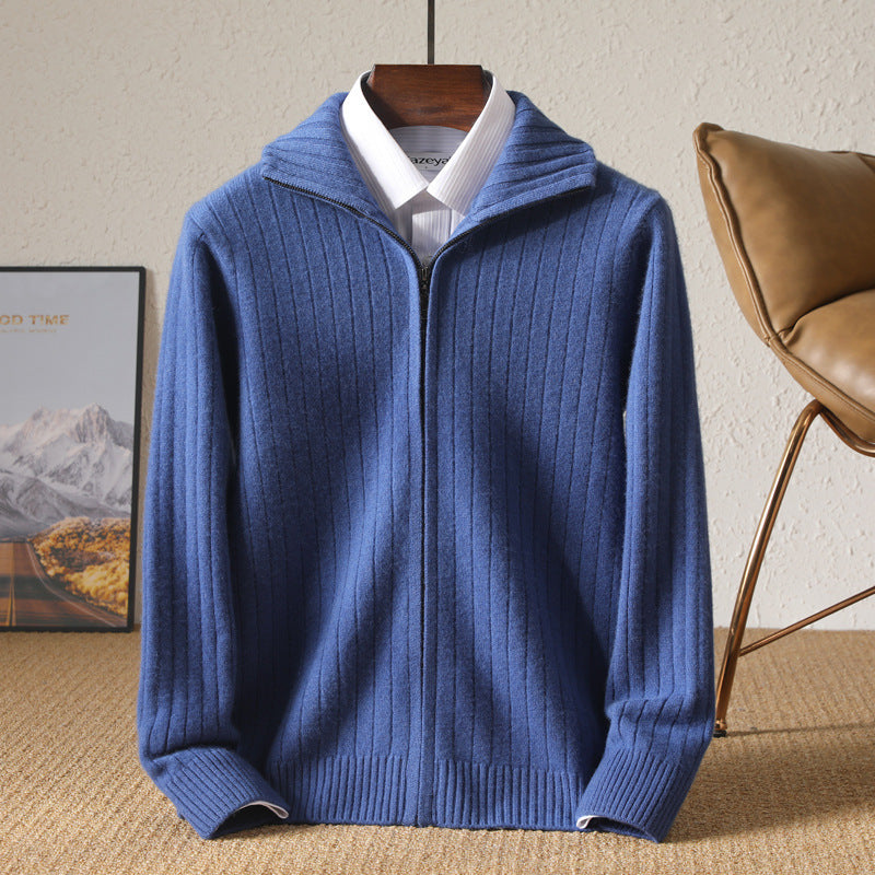 Pure Wool Sweater Men's Lapel Full Zipper