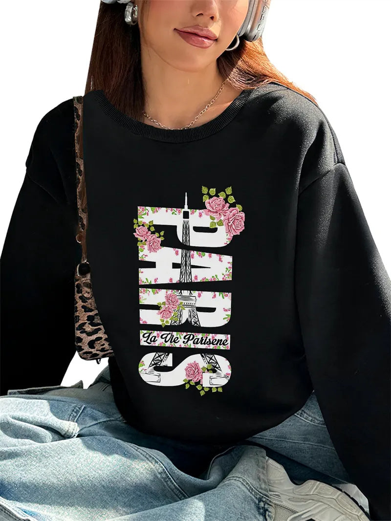 Women Basic Casual Pullover Spring Autumn Long Sleeve PARIS Letter Printed Round Neck