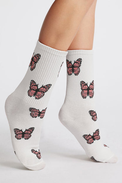 White Allover Butterfly Print Crew Socks