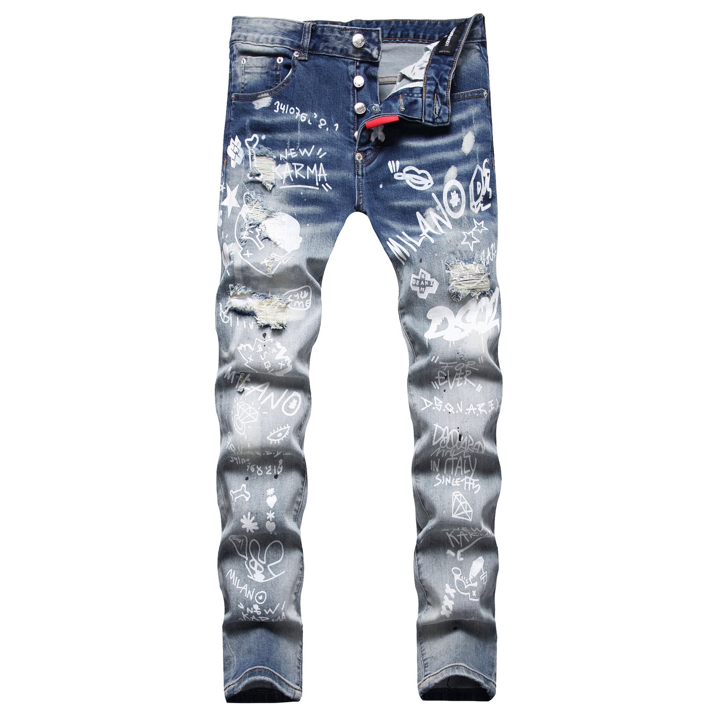 Cloth Liner Patch Random Line Embroidery Hole Digital Printing Stretch Small Straight-leg Jeans