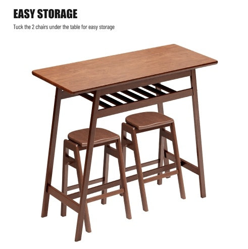 3 PCS Pub Dining Set Retro Bar Table Rubber Wood Stackable Backless High Stool For 2 With Shelf And Hooks For Home Bar Small Space