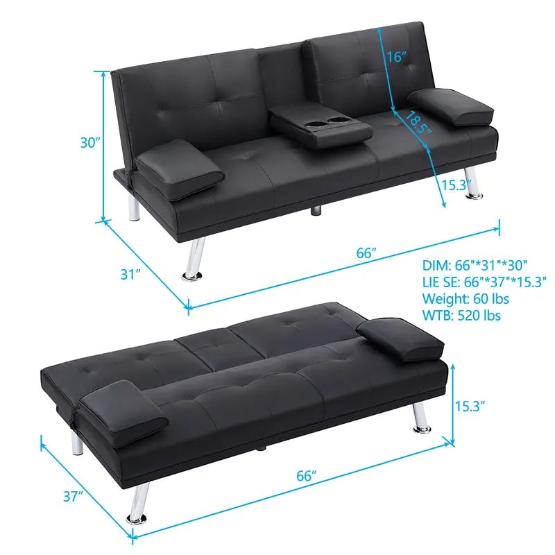 Black PU 66inch Sleeper Sofa,2-seat Sofa With Cup Holder, Folding Sofa Bed, Accompany Two Head Pillows