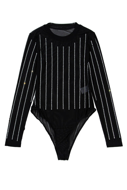 Black Rhinestone Striped Mesh Long Sleeve Bodysuit