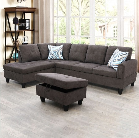 Dark Brown Flannel Living Room Sofa Set