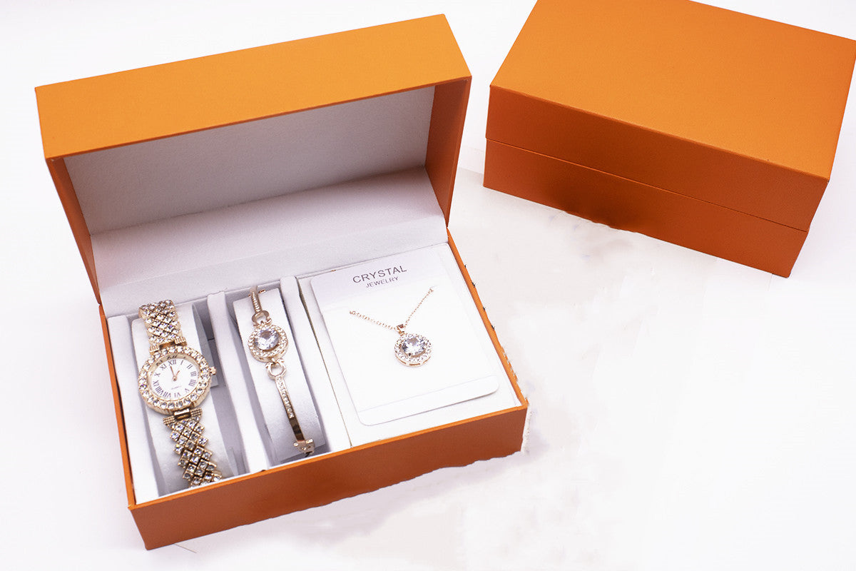 3-piece Rhinestone Watch Set With Bracelet And Necklace