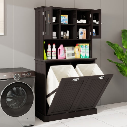 Two Compartment Inclined Dirty Laundry Basket High Bathroom Cabinet