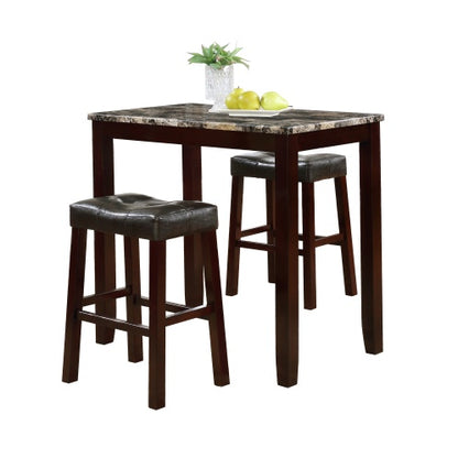 3-Piece Counter Height Glossy Print Marble Breakfast Table With Stools, Espresso