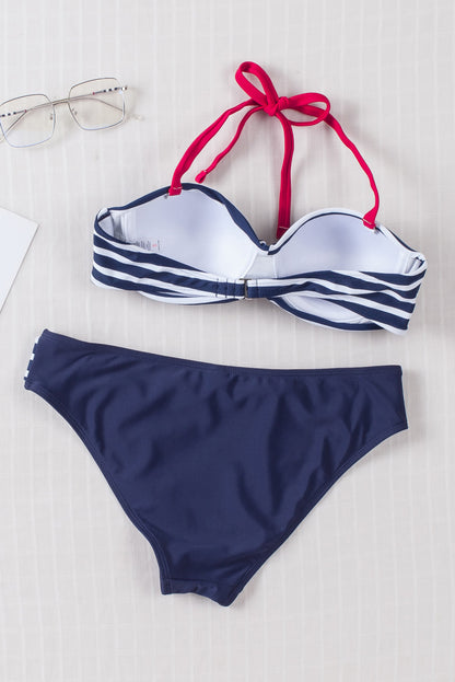 Blue Halter Bandeau Striped Bikini