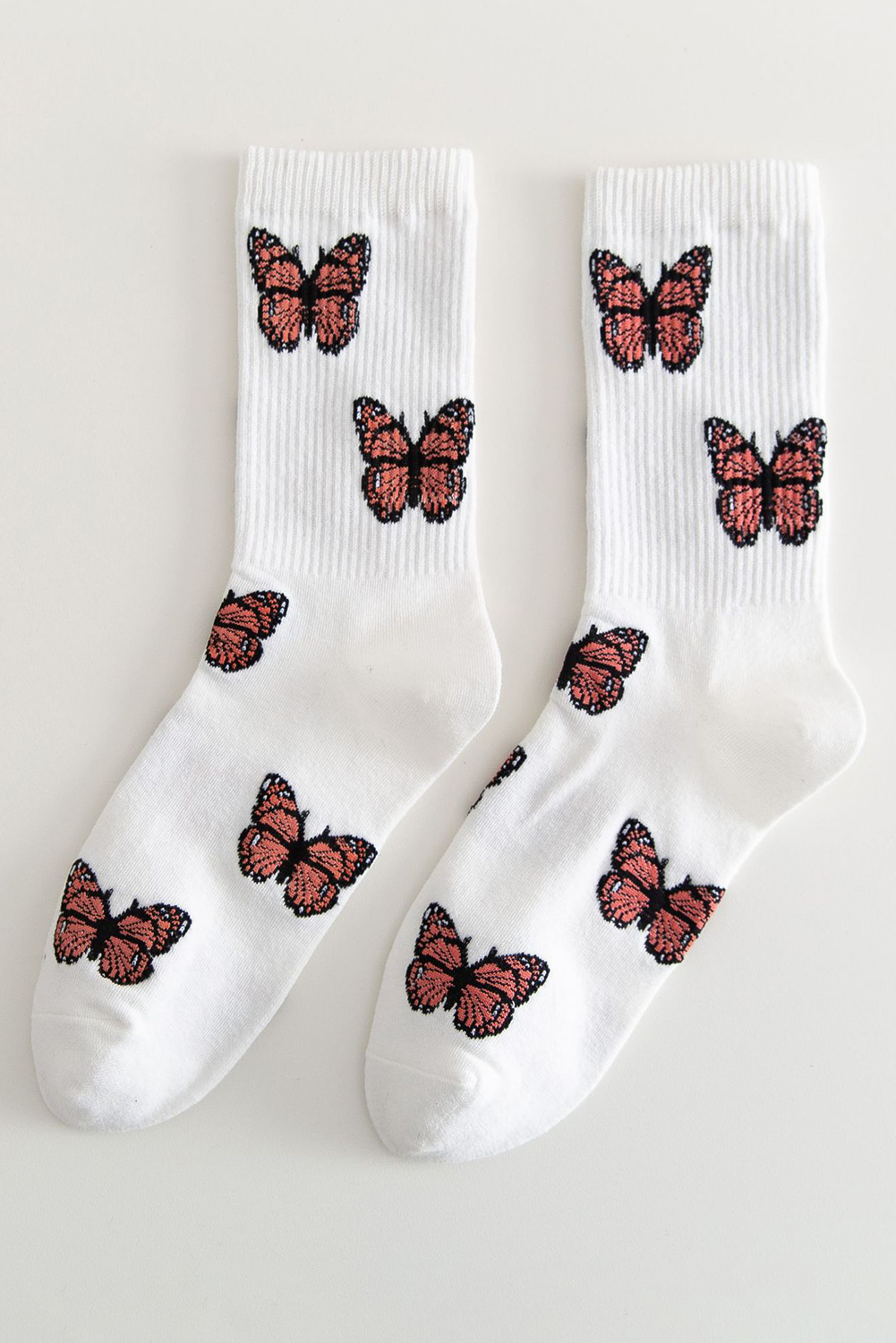 White Allover Butterfly Print Crew Socks