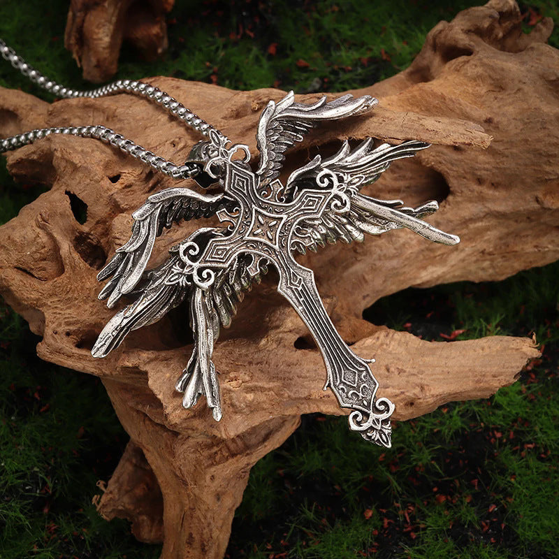 Vintage Silver Six Winged Angel Wings Cross Pendant Necklace