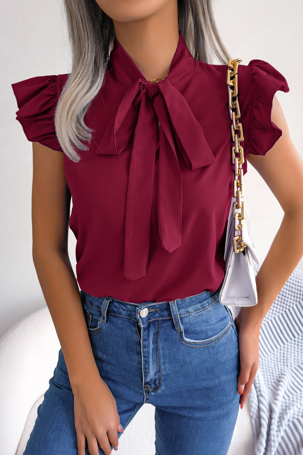 Burgundy Plain Bow Neck Ruffle Chiffon Blouse