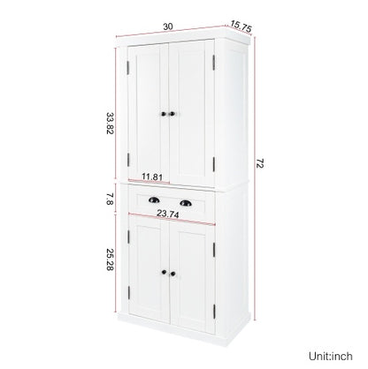 72Kitchen Pantry Storage Cabinet, Traditional Freestanding Cupboard With 4 Doors And Adjustable Shelves, Large Central Drawer, White