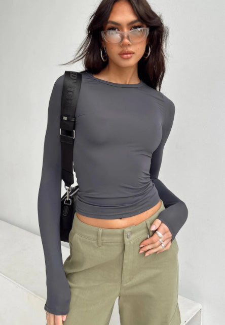 Women's Clothing Fashion Slim Long-sleeved Pullovers Tops Solid Causal Fit Shirts