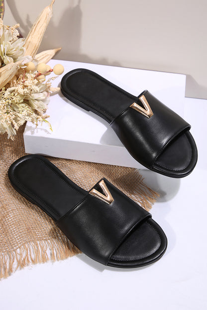 Black V Shape Metal Decor Open Toe Slippers