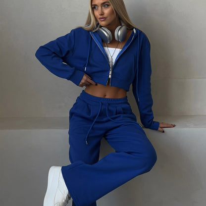 Casual Suit Solid Color Short Midriff Outfit Hooded Cardigan Lace-up Sweatpants