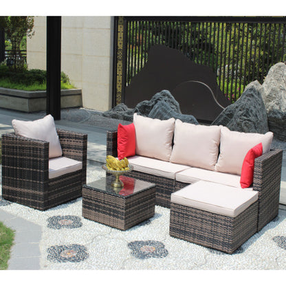 Rattan Patio Furniture Set Wicker Sofa Cushioned Sectional Furniture Set Garden Patio Sofa Set 4 Pieces, Brown