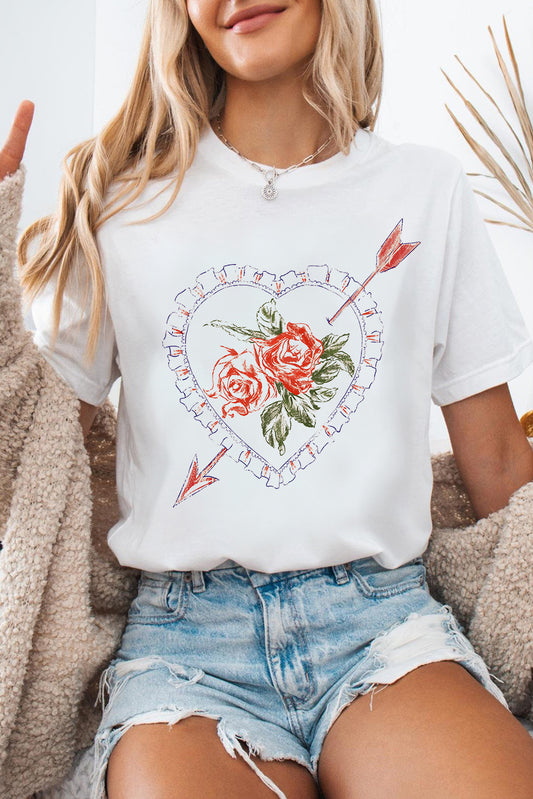 White Floral Heart Pattern Graphic Tee