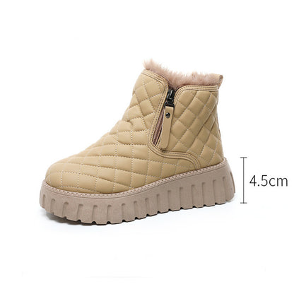 Women's Plaid Pattern Platform Ankle Boots Casual Side Zipper Plush Lined Snow Boots Winter Comfortable Short Boots