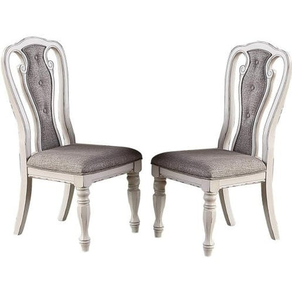 Antique White Set Of 2 Dining Chairs Grey Upholstered Tufted Unique Design Chairs Back Cushion Seat Dining Room