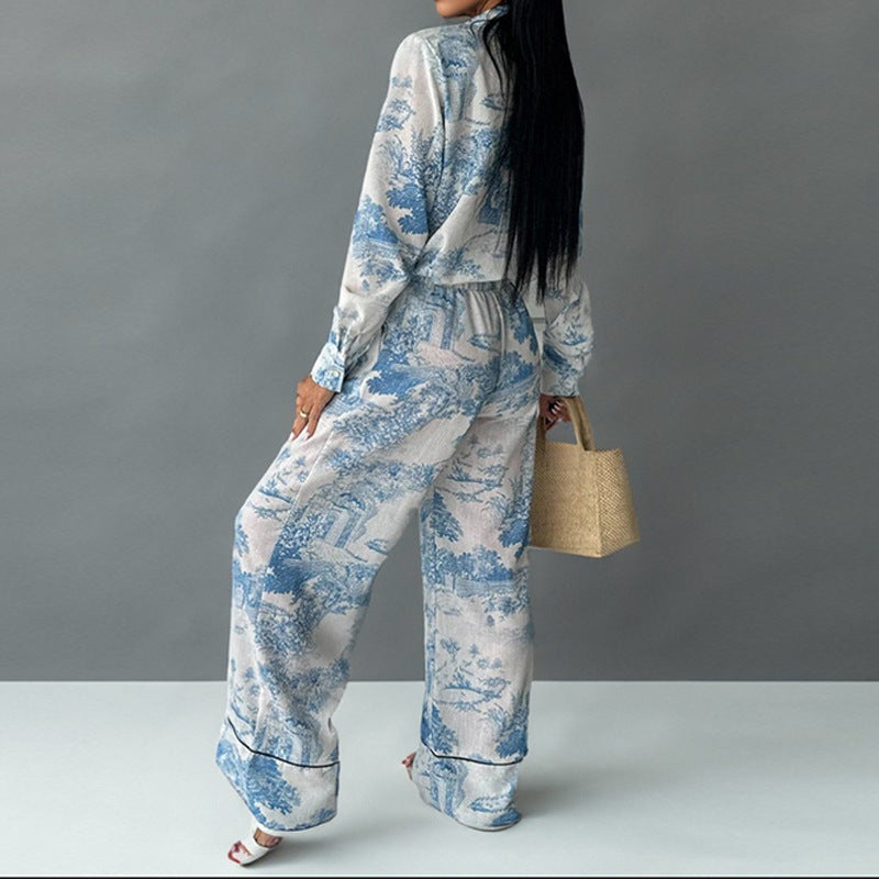 Women's Printed Shirt Long-sleeved Wide-leg Pants