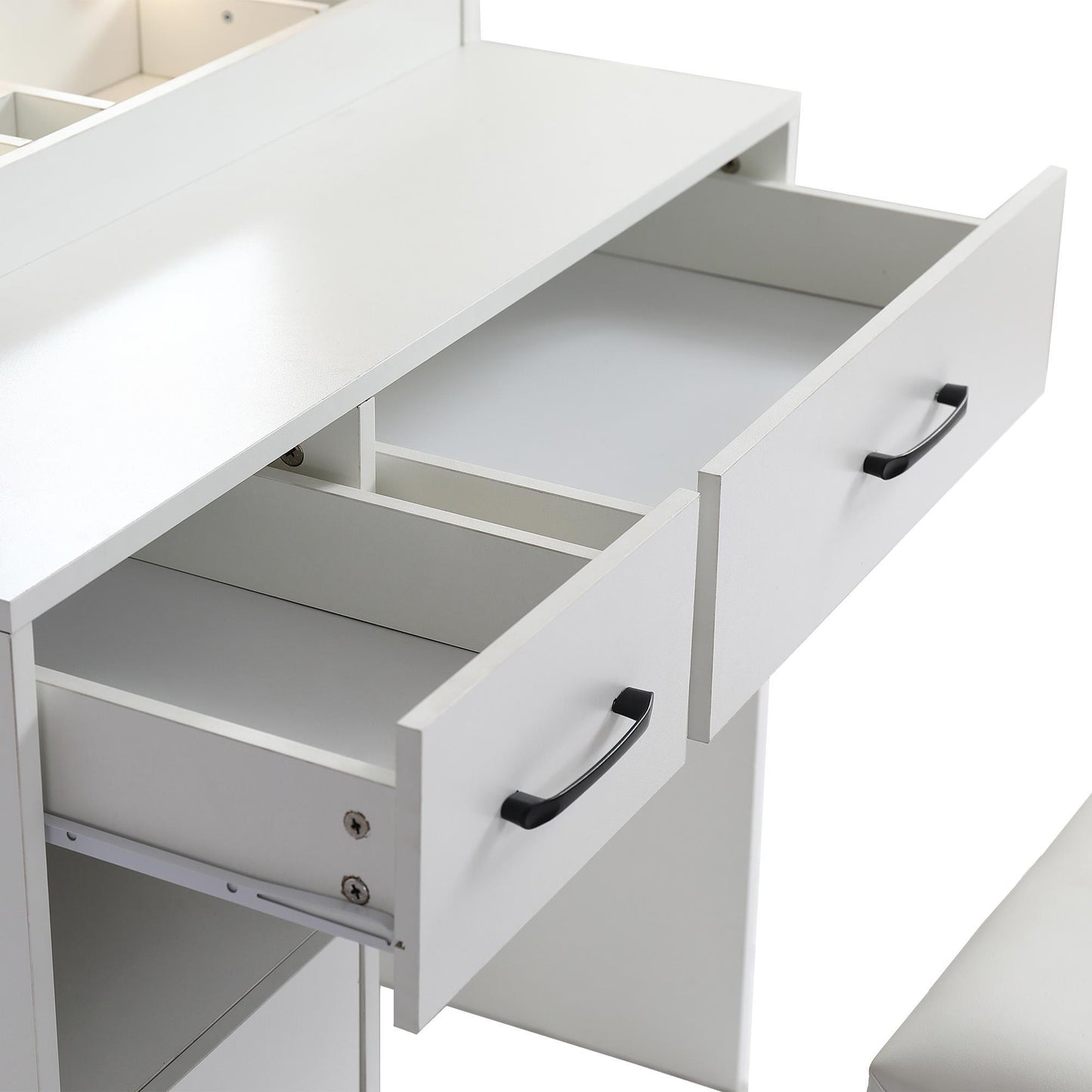 3 Color Lighting Modes With Adjustable Brightness, Dresser With 2 Drawers, Locker And Upholstered Stool, White