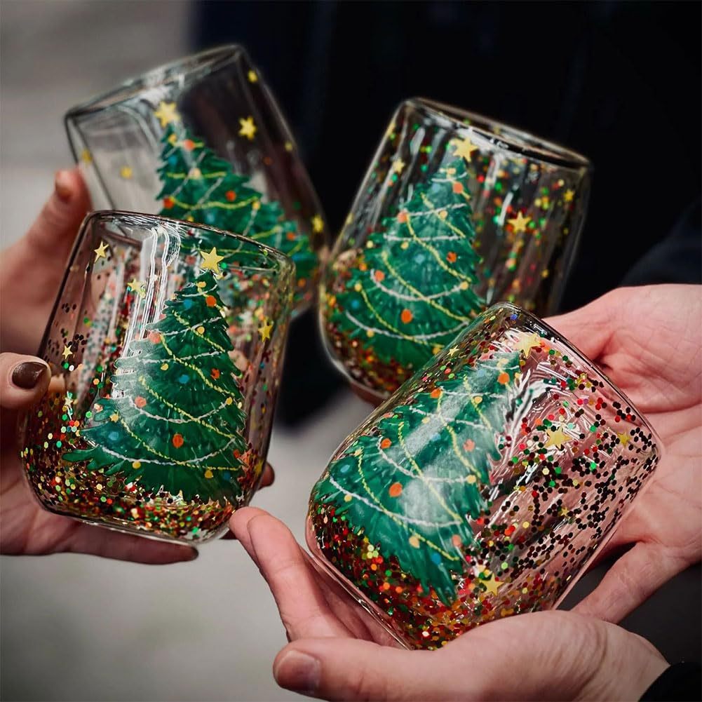 Christmas Tree Cups Heat Resistant Double Layer Flowing Sequins Christmas Cup Household Handwork Cartoon Christmas Trees Tumbler Kitchen Gadgets