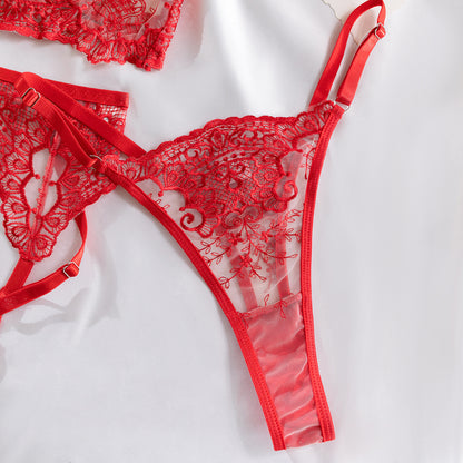 Christmas Red New Style Machine Embroidery Three-piece Underwear For Women