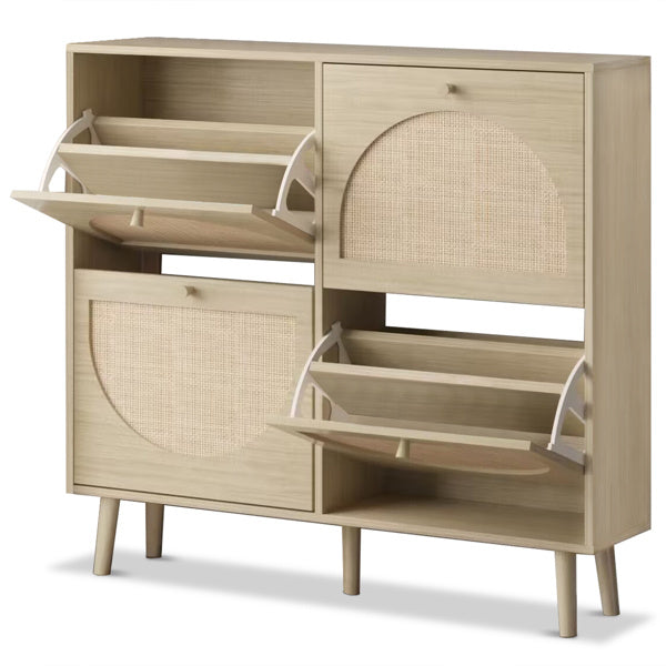 2 Rows With 4 Flip Buckets And High Legged Round Rattan Shoe Cabinet In Natural Wood Color