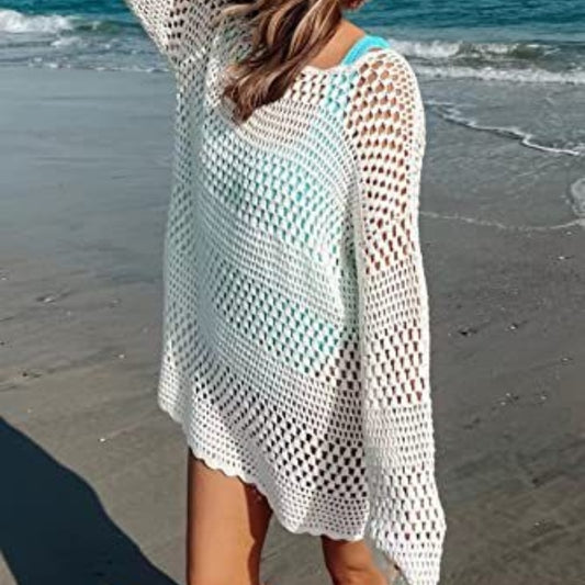 Woven Round Neck Hollow Beach Cover-up Loose Casual Sweater