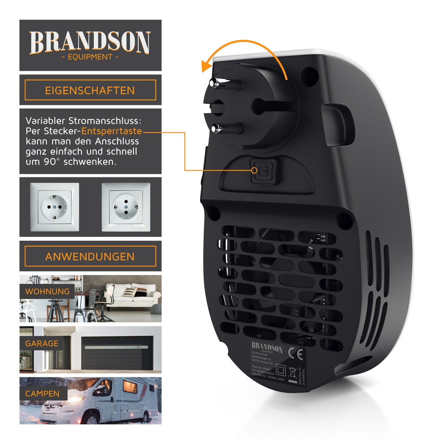 Brandson Steckdosen Heizlufter 500 W Plug-in Heater Keramik WeiB-schwarz