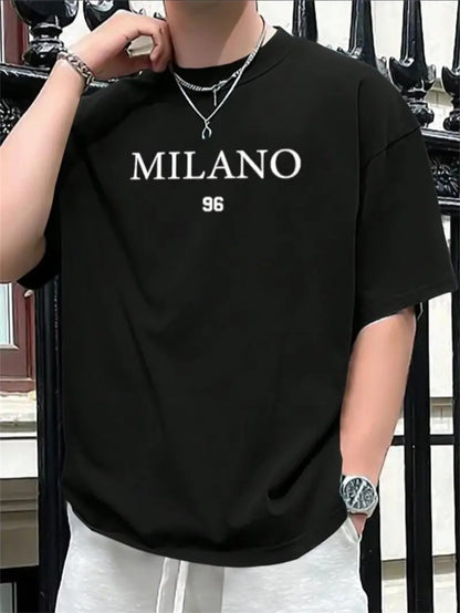 Teen Casual Crew Neck T-Shirt With Milano Print - Regular Fit, Ideal For Spring Summer Outdoor Wear