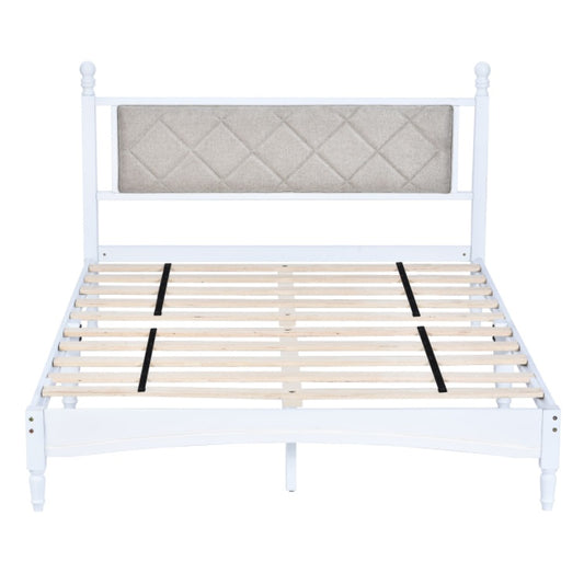 Wooden Bed Frame With Fabric Headboard, Solid Rubberwood With Wooden Central Support