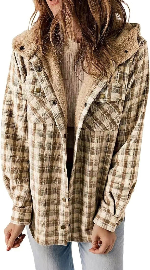 Casual Plaid Hooded Woolen Coat Thickened Fleece-lined Warm Jacket