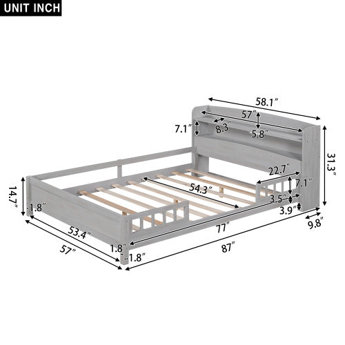 Wood Full Size Platform Bed With Built-in LED Light, Storage Headboard And Guardrail, Antique Grey