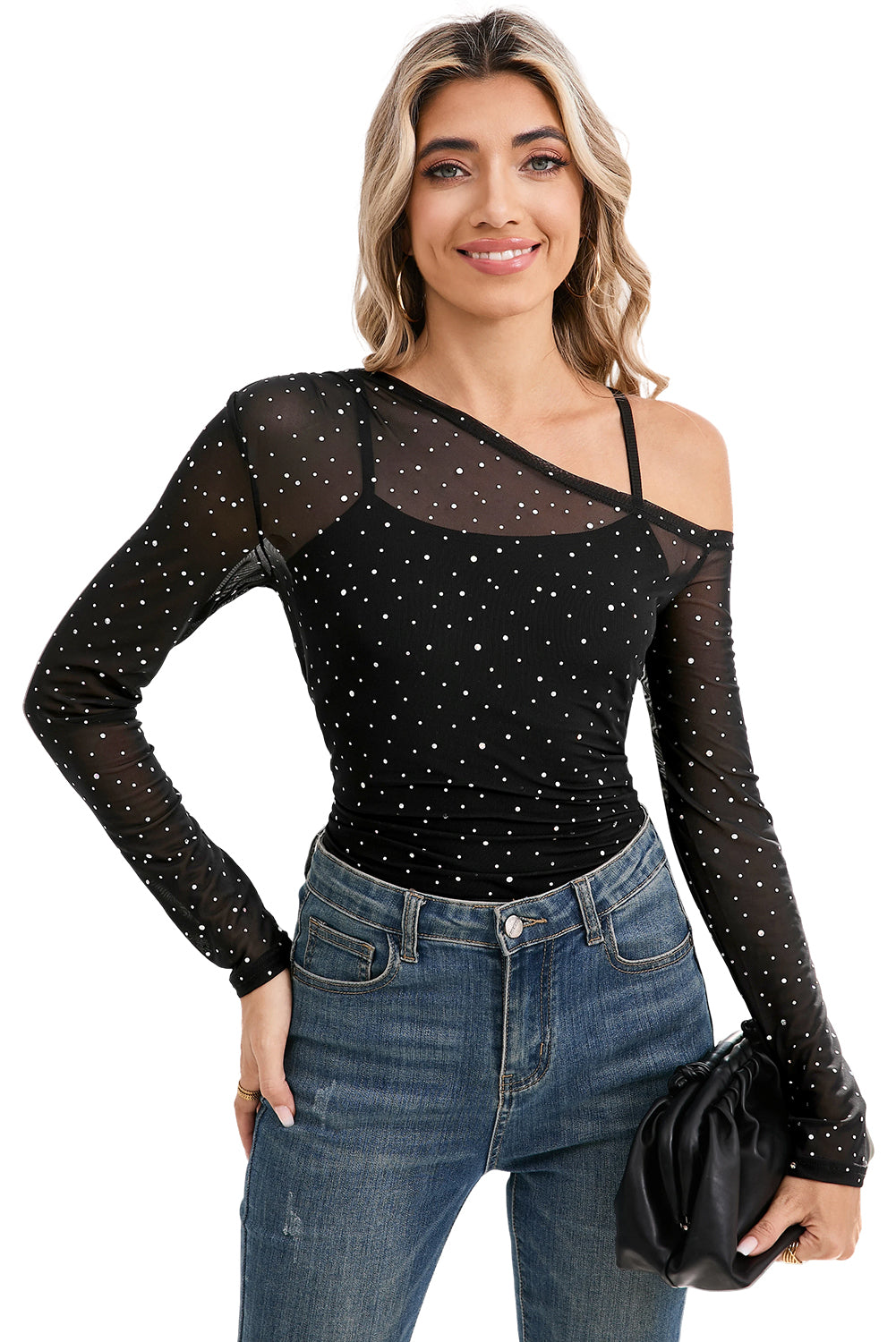 Black Asymmetric Neck Sequins Sheer Mesh Top